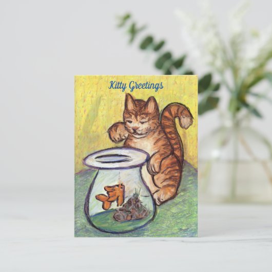 Orange Tabby Cat Goldfish Lover Custom Postkarten (Stehend Vorderseite)