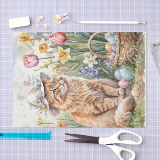 Orange Tabby Cat in Hat Easter Basket  Seidenpapier (Handwerk)