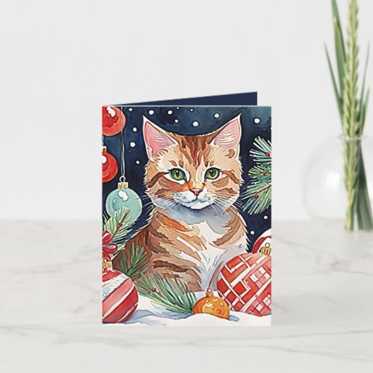 Orange Tabby Cat Meowy Christmas Watercolor Card Dankeskarte (Vorderseite)