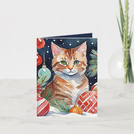 Orange Tabby Cat Meowy Christmas Watercolor Card Dankeskarte