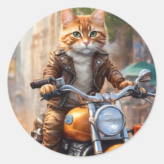 Orange Tabby Cat Out für einen Motorradfahrer Runder Aufkleber (Vorderseite)