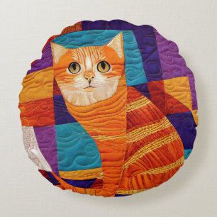 Orange Tabby Cat Patchwork Quilt Muster Rundes Kissen