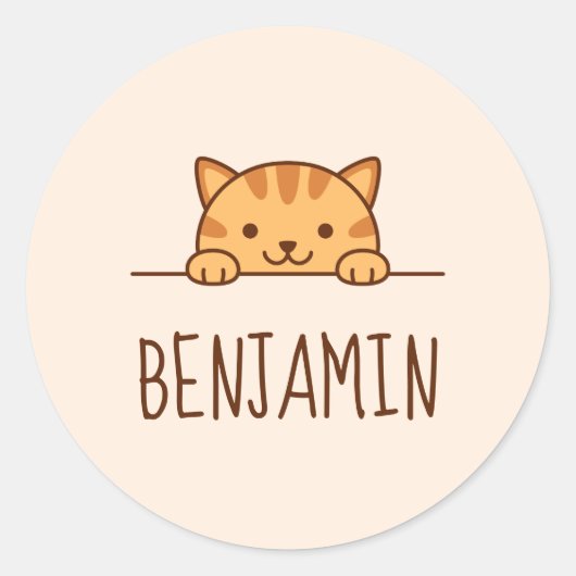 Orange Tabby Cat Peeking über Individuelle Name Runder Aufkleber (Vorderseite)