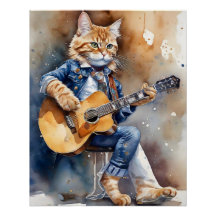 Orange Tabby Cat Rock Star Playing Acoustic Guitar