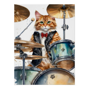 Orange Tabby Cat Rock Star Trommeln Rote Krawatte Poster