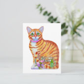 Orange Tabby Cat with Dancing Mice on the Front Postkarte (Stehend Vorderseite)