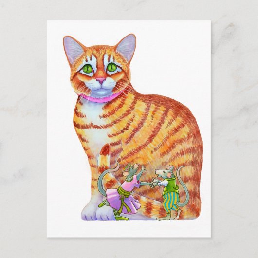 Orange Tabby Cat with Dancing Mice on the Front Postkarte (Vorderseite)