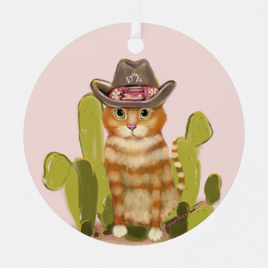 Orange Tabby Cowboy Cat Ornament Aus Metall (Vorderseite)