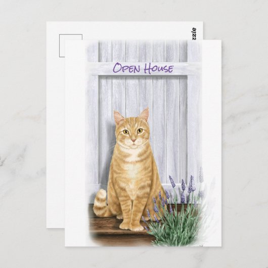Orange Tabby Katze an der Tür mit Lavendel-Blume Postkarte (Vorne/Hinten)