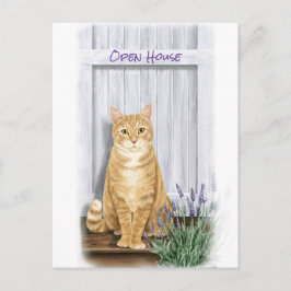 Orange Tabby Katze an der Tür mit Lavendel-Blume Postkarte