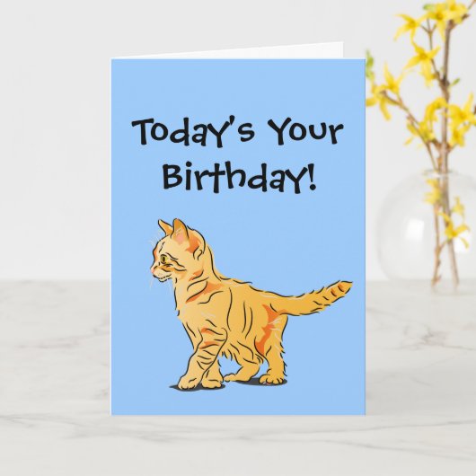 Orange Tabby Kitten auf Blue Birthday Karte (Gelbe Blume)