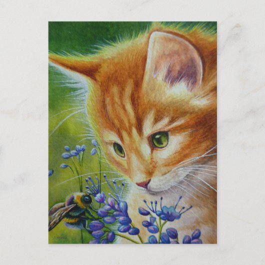 Orange Tabby Kitten & Bumblebee Postkarte (Vorderseite)
