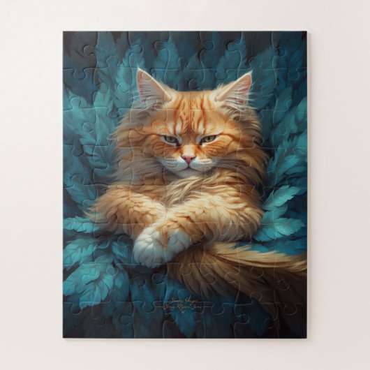 Orange Tabby Kitten in Bed of Blue Feathers Puzzle (Vertikal)
