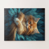 Orange Tabby Kitten in Bed of Blue Feathers Puzzle (Horizontal)