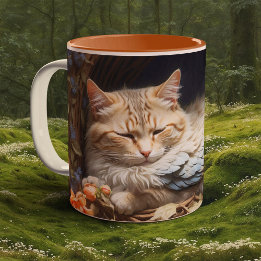 Orange Tabby Kitten in Bed of Blue Feathers Zweifarbige Tasse