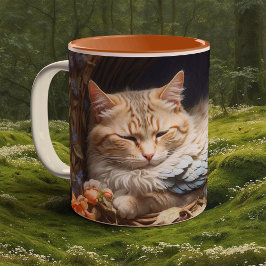 Orange Tabby Kitten in Bed of Blue Feathers Zweifarbige Tasse