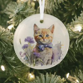 Orange Tabby Kitten mit Bow Krawatte Wasserfarbe Ornament Aus Glas
