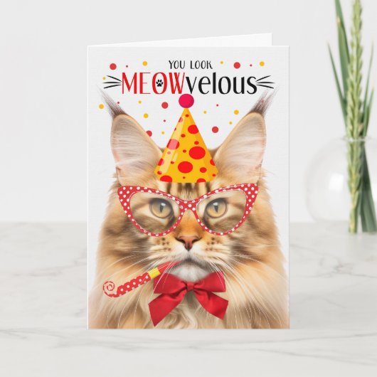 Orange Tabby Maine Coon Cat MEOWvelous Birthday Karte (Vorderseite)