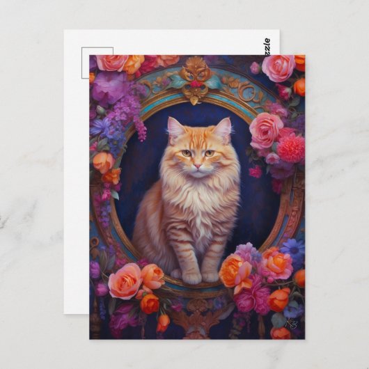 Orange Tabby mit schönen Schmuck und Blume Postkarte (Vorne/Hinten)
