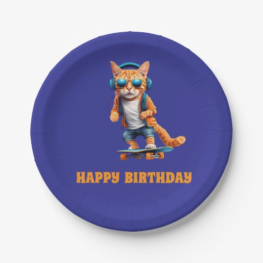 Orange Tabby Skateboarder Pappteller (Vorderseite)