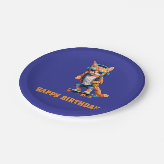 Orange Tabby Skateboarder Pappteller (Schrägansicht)