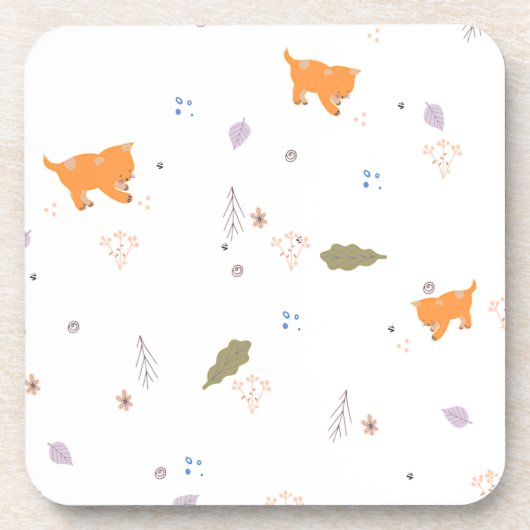 Orange Tabby und Blätter Muster Getränkeuntersetzer (Vorderseite)