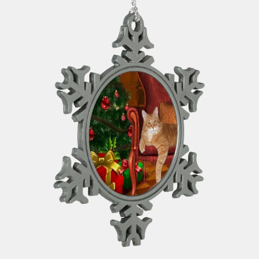 Orange Tabby Weihnachten Schneeflocken Zinn-Ornament (Links)