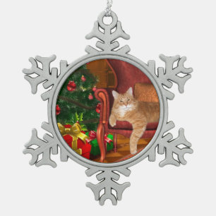 Orange Tabby Weihnachten Schneeflocken Zinn-Ornament