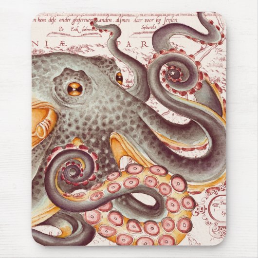 Orange Tangerine Octopus Tentacles Vintage Map Mousepad (Vorne)