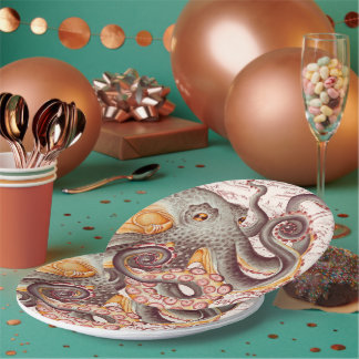 Orange Tangerine Octopus Tentacles Vintage Map Pappteller