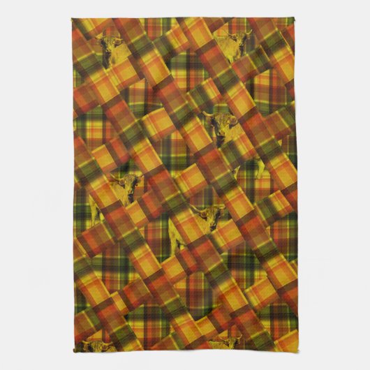 Orange Tartan Highland Cow Design, Geschirrtuch (Vertikal)