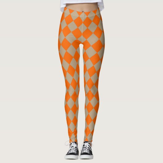 Orange Taupe Checker Diamond Pattern Leggings (Vorderseite)