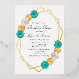 Orange Teal Floral Geometric Birthday Folieneinladung