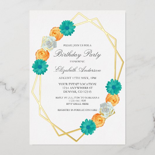 Orange Teal Floral Geometric Birthday Folieneinladung (Vorderseite)