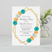 Orange Teal Floral Geometric Birthday Folieneinladung (Stehend vorne)