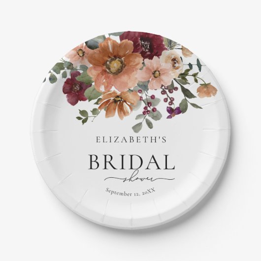 Orange Terracotta Burgundy Blumendusche Pappteller (Vorderseite)