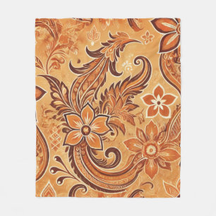 Orange Terracotta Floral Boho Batik Watercolor Fleecedecke