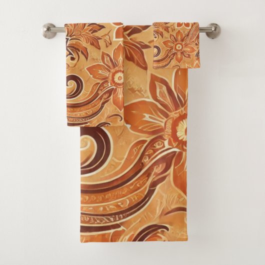 Orange Terracotta Indonesische Batik Floral Muster Badhandtuch Set (Insitu)