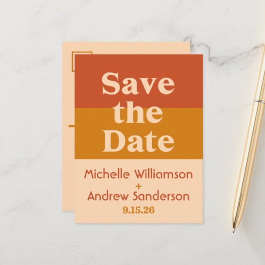 Orange Terracotta Moderne Retro Ankündigungspostkarte (Vorderseite/Rückseite Beispiel)