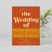 Orange Terracotta Moderne Retro Folieneinladung (Stehend vorne)