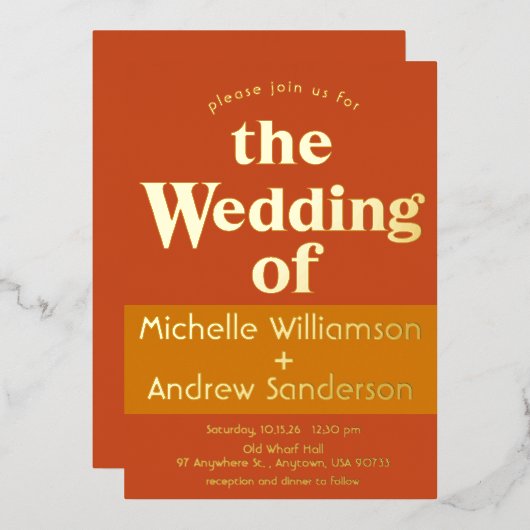 Orange Terracotta Moderne Retro Folieneinladung (Vorderseite/Rückseite)