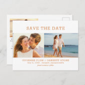 Orange Text 3 Foto Hochzeit speichern Sie das Datu Ankündigungspostkarte (Vorne/Hinten)