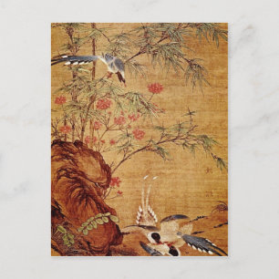 Orange Three Magpies and Spring Flowers, Pien Wen- Postkarte