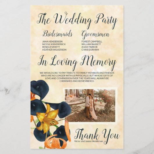 Orange Tiger Lilies, Blue Lilies Wedding Program (Rückseite)