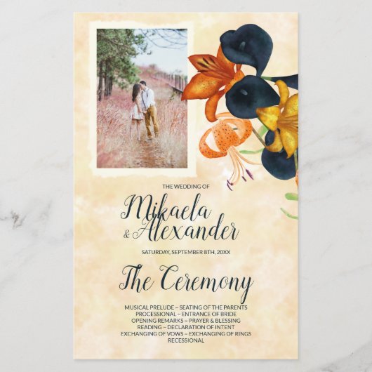 Orange Tiger Lilies, Blue Lilies Wedding Program (Vorderseite)