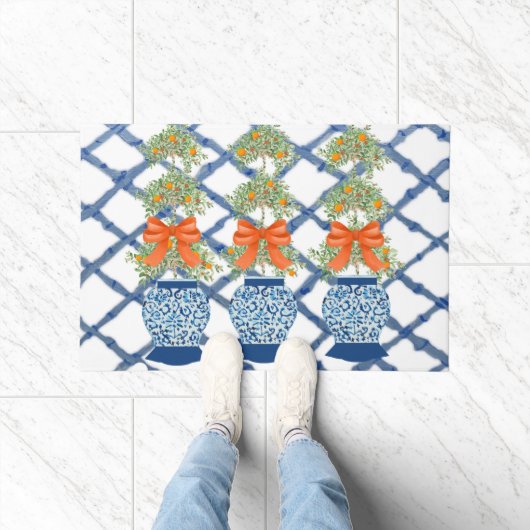 Orange Topiary Blue Ginger Jars Doormat Willkommen Fußmatte (Indoor)