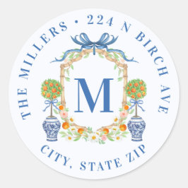 Orange Topiary Chinoiserie Monogram Address Runder Aufkleber