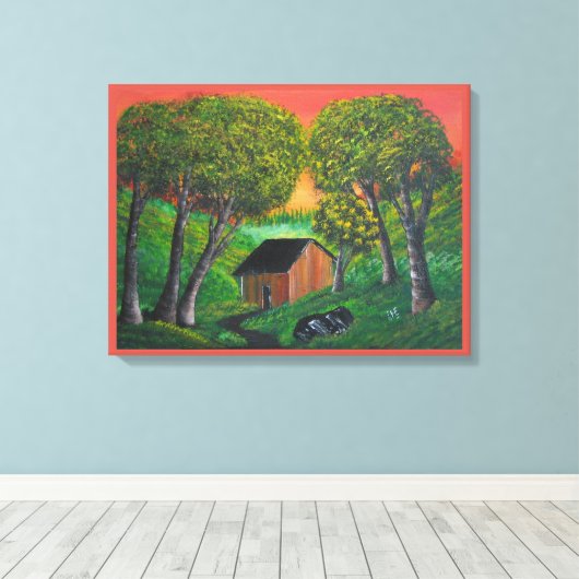 Orange Trapper Shack Wald Landschaft Leinwanddruck (Insitu (Holzboden))