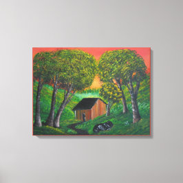 Orange Trapper Shack Wald Landschaft Leinwanddruck