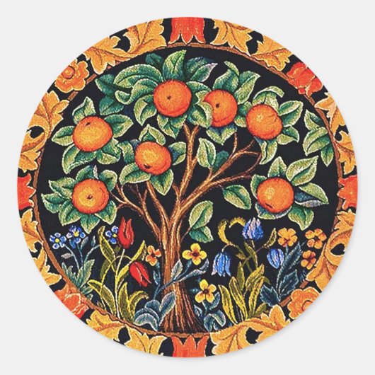 ORANGE TREM MIT GRÜNEN BLÄTTER, BLUME RUNDER AUFKLEBER (Vorderseite)